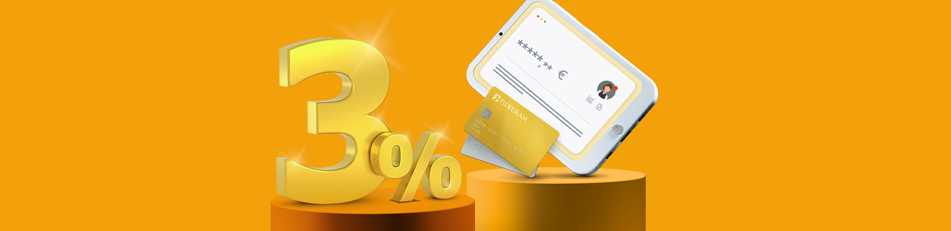 Numero 3% che rappresenta il tasso sul cash deposit vicino a carta di credito oro e tablet con accesso all’internet banking.