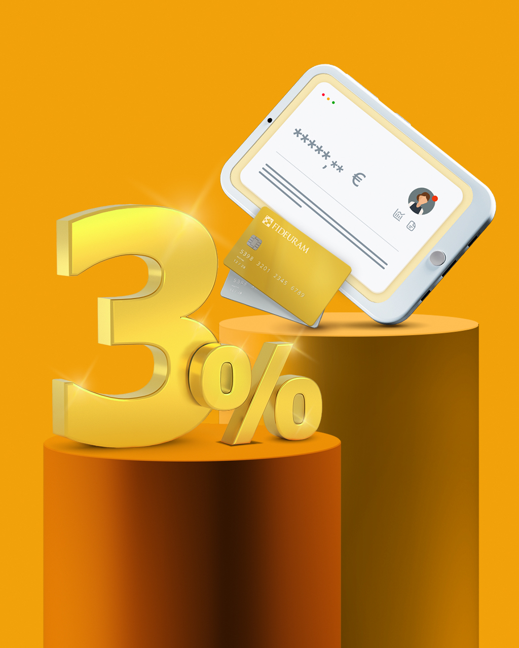 Numero 3% che rappresenta il tasso sul cash deposit vicino a carta di credito oro e tablet con accesso all’internet banking.