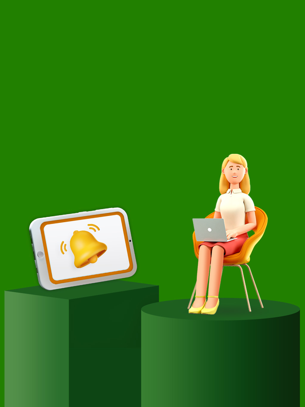 Disegno 3D Una notifica segnala le iniziative che una ragazza consulta al pc.