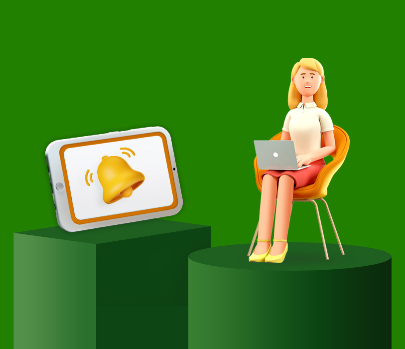 Disegno 3D Una notifica segnala le iniziative che una ragazza consulta al pc.