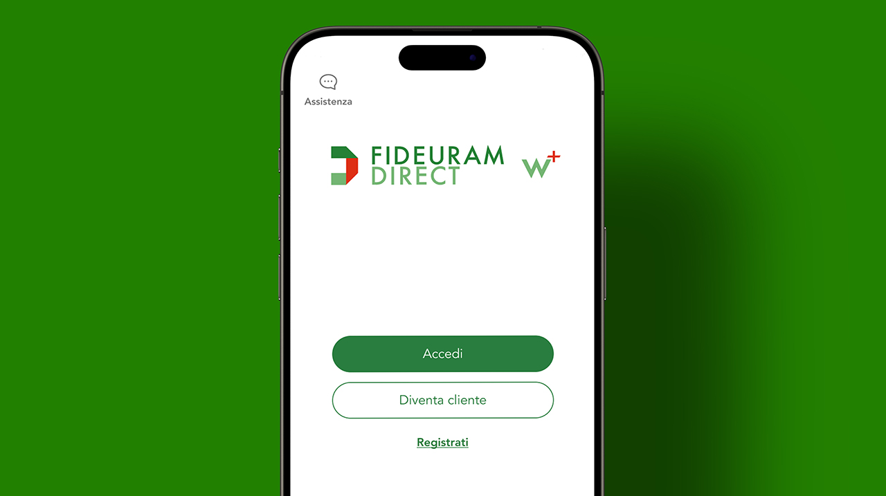 Smartphone che mostra l’app Welcome+ di Fideuram Direct.