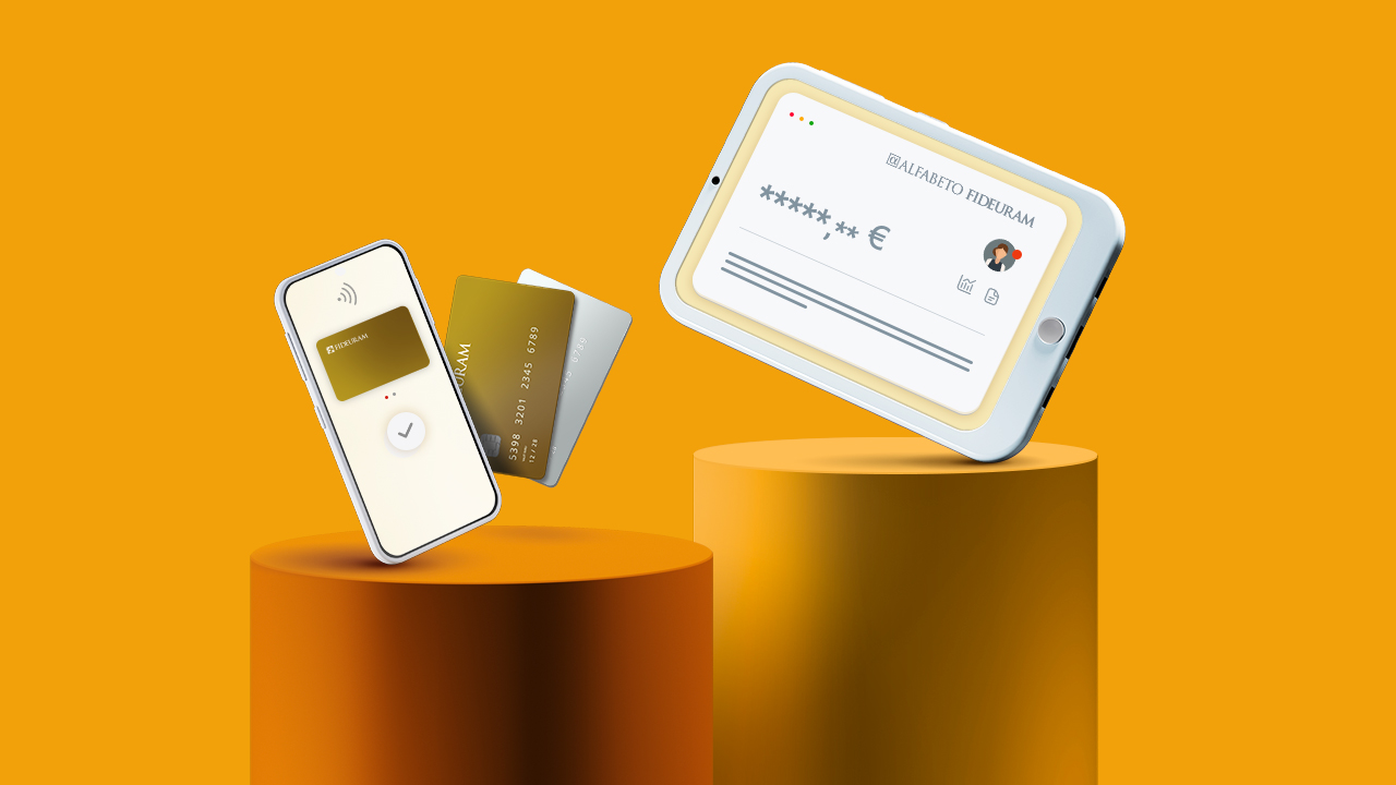 Disegno 3D su fondo giallo che rappresenta  i pagamenti tramite smartphone e l'accesso all'internet banking da tablet.