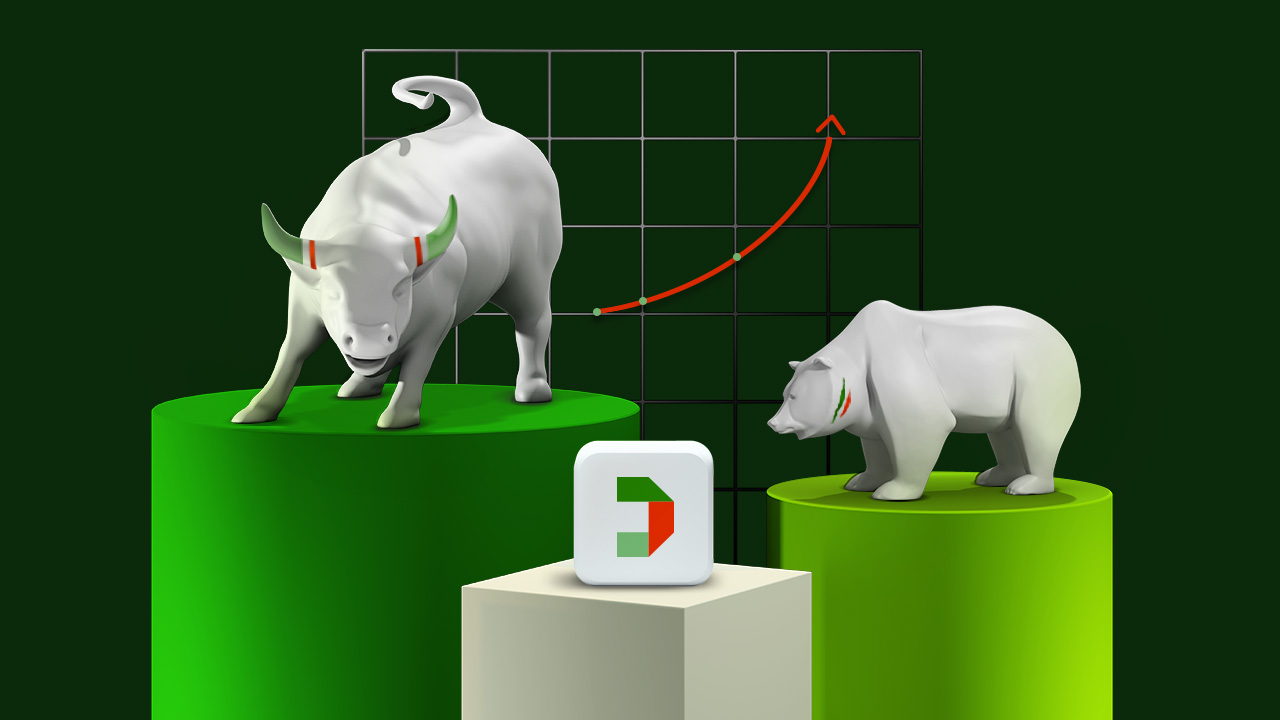 Disegno 3D che rappresenta il toro e l'orso e il pittogramma di Fideuram Direct.