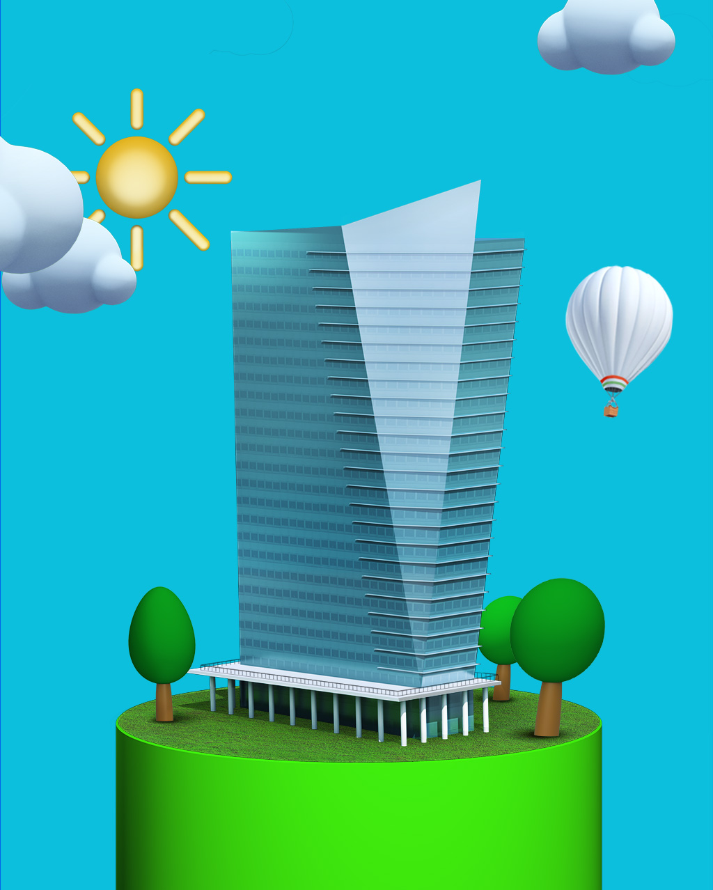 Disegno 3D che rappresenta un grattacielo inserito in un ambiente sostenibile